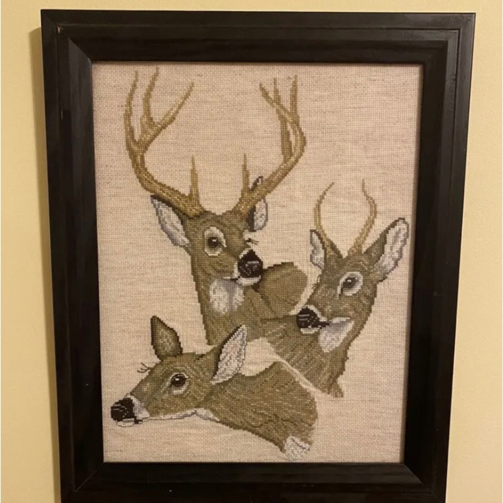 Completed Cross Stitch Framed White Tail Buck Deer Cabin Lodge Hunting OOAK
